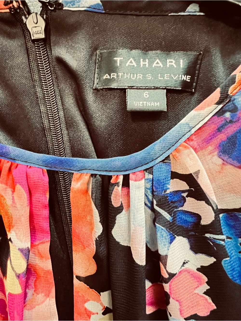 Tahari Floral Chiffon Blouse in Black with Pink, Coral & Blue Accents SIZE 6